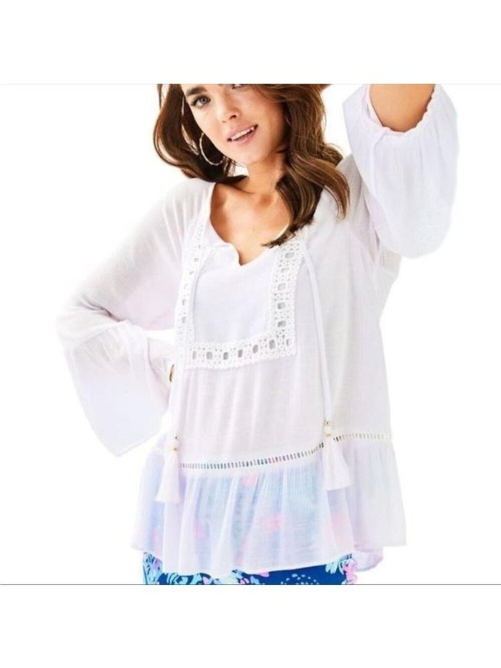 Lilly Pulitzer Resort White Amisa Bell Sleeve Lace Flounce Hem Peasant blouse M